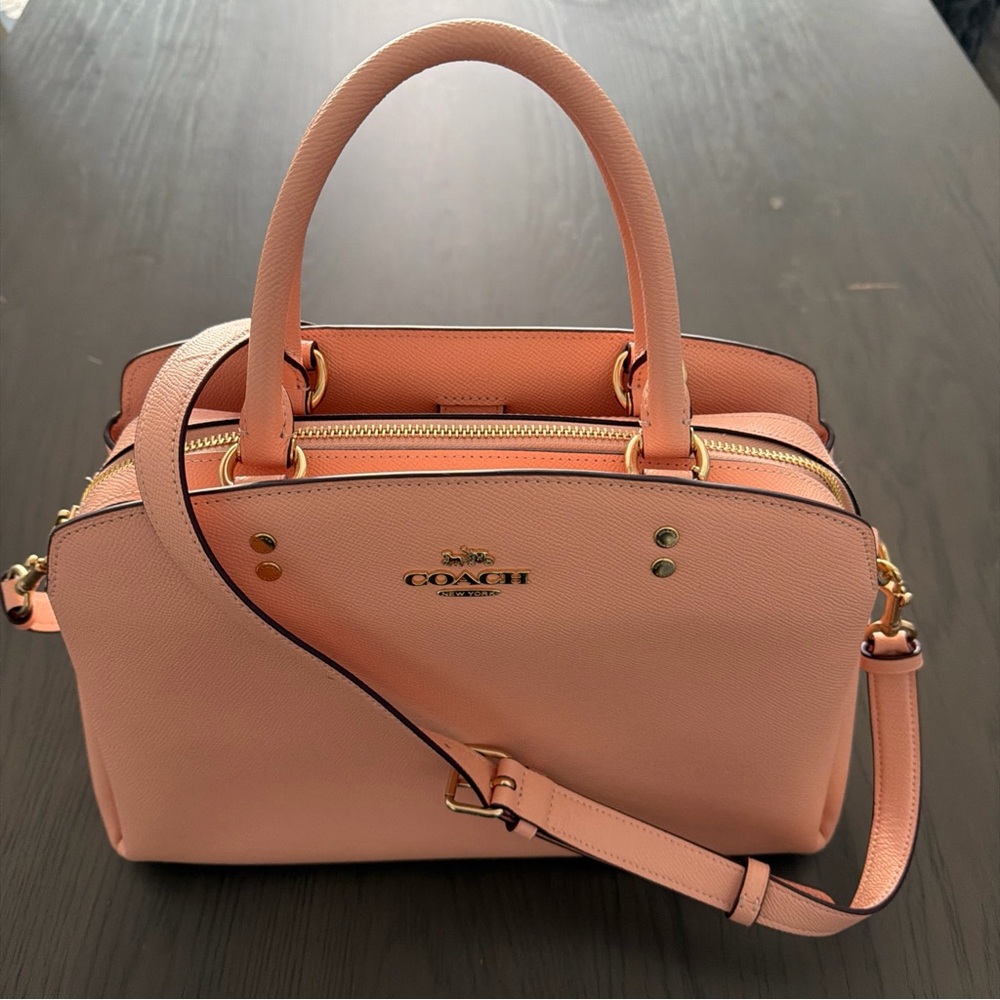 Coach Mini Lillie Carryall Bag Crossgrain Leather Crossbody Peach
